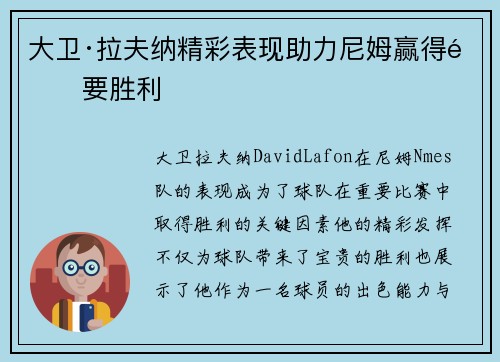 大卫·拉夫纳精彩表现助力尼姆赢得重要胜利