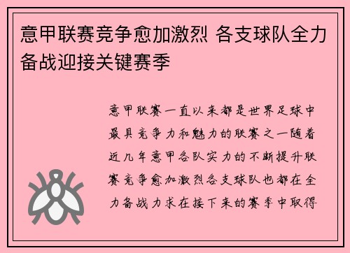 意甲联赛竞争愈加激烈 各支球队全力备战迎接关键赛季