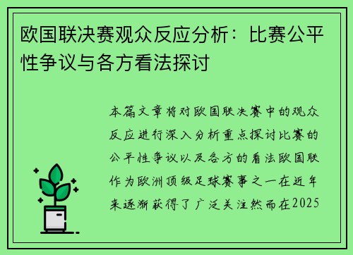 欧国联决赛观众反应分析：比赛公平性争议与各方看法探讨